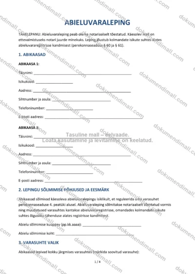 Abieluvaraleping | Lepingumall – Allalaaditav Word & PDF — dokumendimall DOCX-vormingus