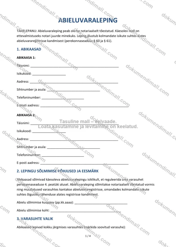 Abieluvaraleping | Lepingumall – Allalaaditav Word & PDF