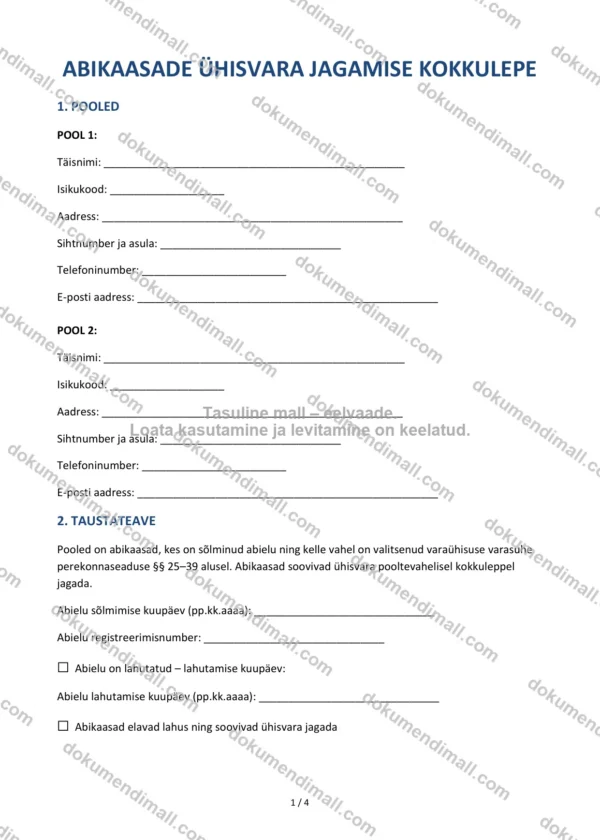Abikaasade Ühisvara Jagamise Kokkulepe | Lepingumall – Allalaaditav Word & PDF