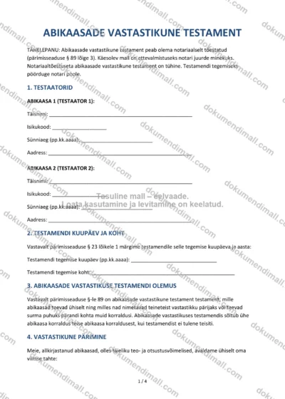 Abikaasade Vastastikune Testament | Lepingumall – Allalaaditav Word & PDF — dokumendimall DOCX-vormingus