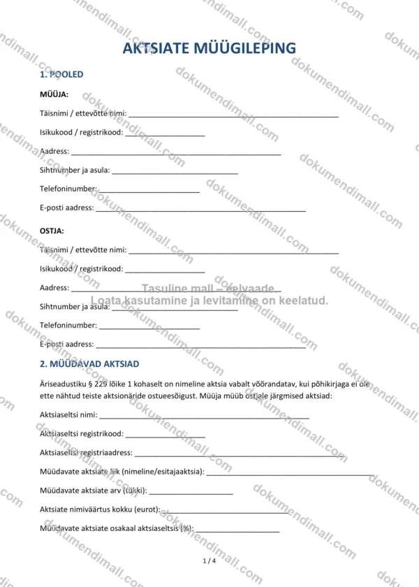 Aktsiate Müügileping | Lepingumall – Allalaaditav Word & PDF