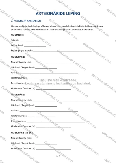 Aktsionäride Leping | Lepingumall – Allalaaditav Word & PDF — dokumendimall DOCX-vormingus
