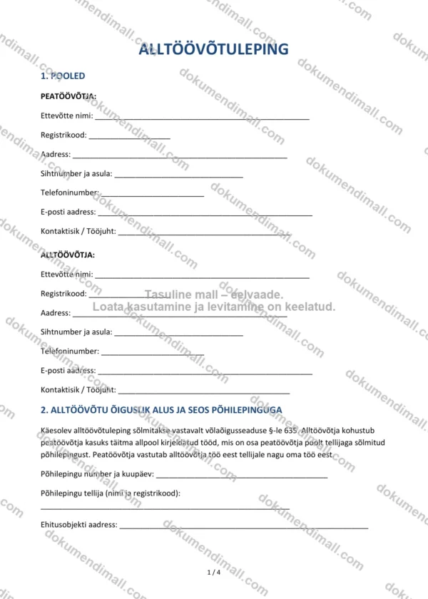 Alltöövõtuleping | Lepingumall – Allalaaditav Word & PDF