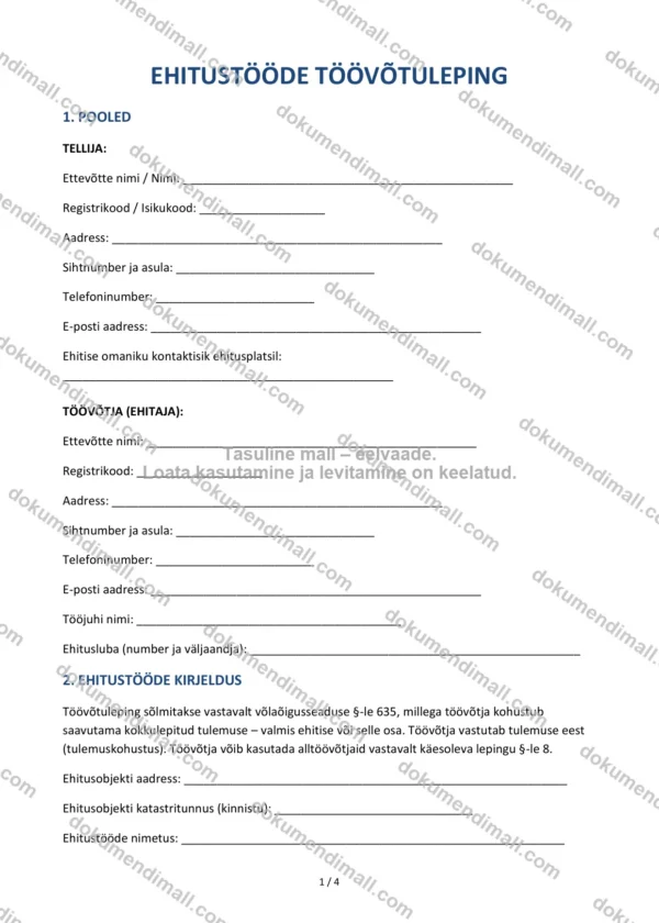 Ehitustööde Töövõtuleping | Lepingumall – Allalaaditav Word & PDF