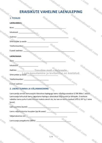 Eraisikute Vaheline Laenuleping | Lepingumall – Allalaaditav Word & PDF — dokumendimall DOCX-vormingus
