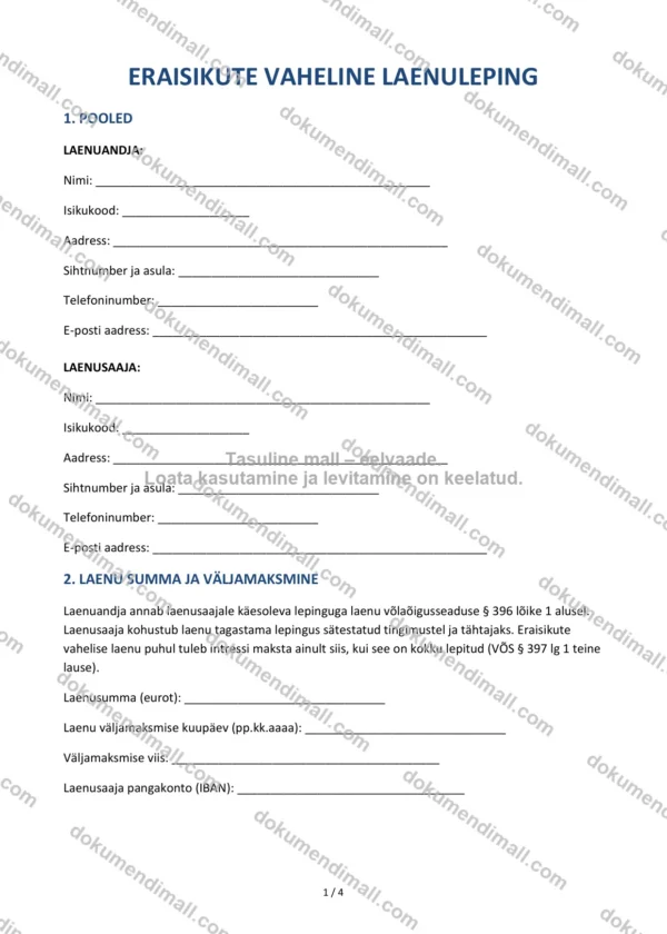 Eraisikute Vaheline Laenuleping | Lepingumall – Allalaaditav Word & PDF