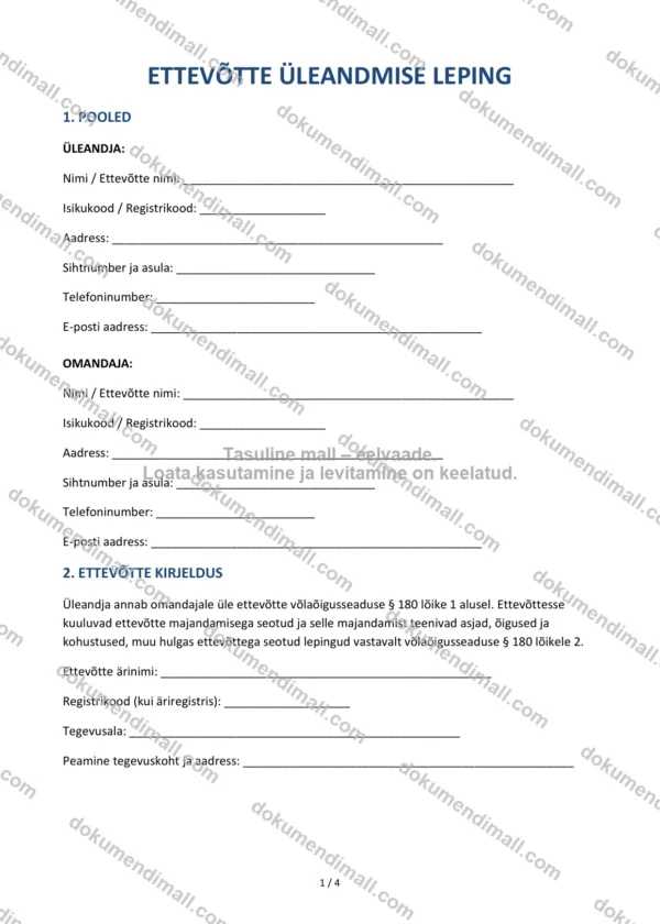 Ettevõtte Üleandmise Leping | Lepingumall – Allalaaditav Word & PDF
