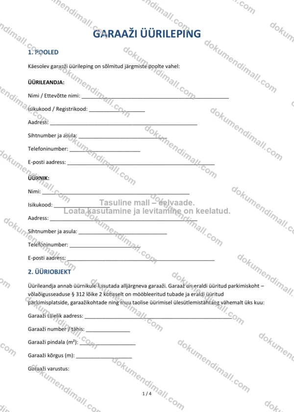 Garaaži Üürileping | Lepingumall – Allalaaditav Word & PDF