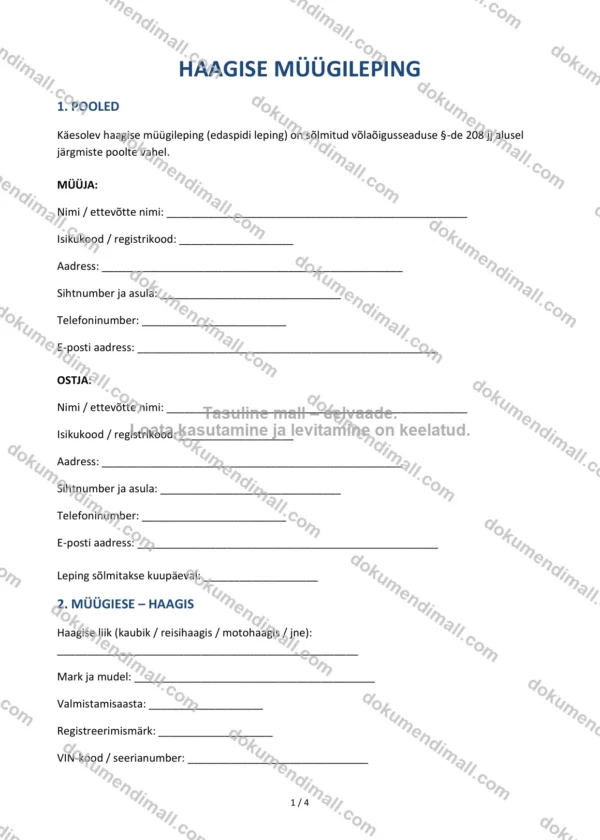 Haagise Müügileping | Lepingumall – Allalaaditav Word & PDF