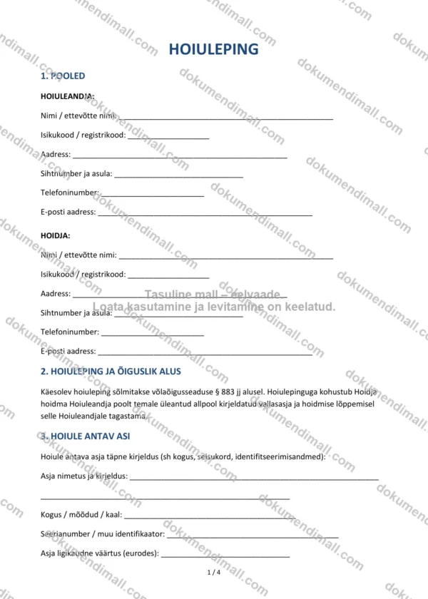 Hoiuleping | Lepingumall – Allalaaditav Word & PDF