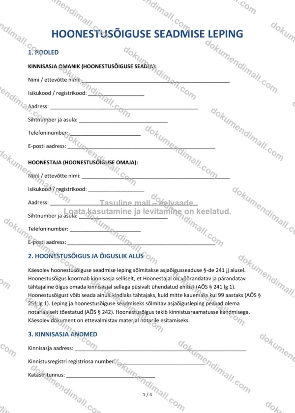 Hoonestusõiguse Seadmise Leping | Lepingumall – Allalaaditav Word & PDF
