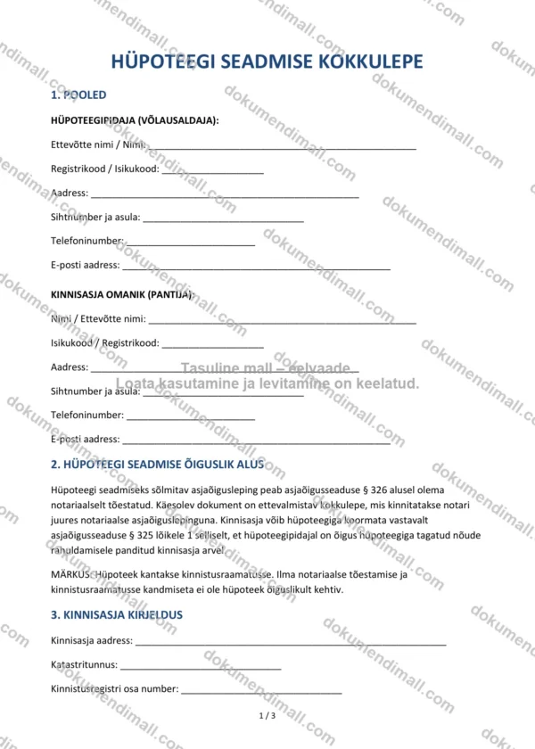 Hüpoteegi Seadmise Kokkulepe | Lepingumall – Allalaaditav Word & PDF