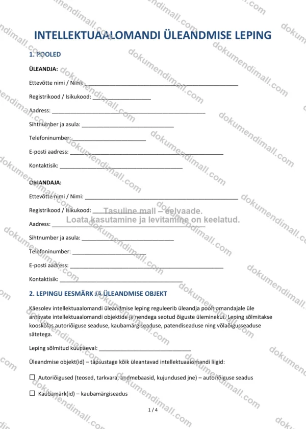 Intellektuaalomandi Üleandmise Leping | Lepingumall – Allalaaditav Word & PDF