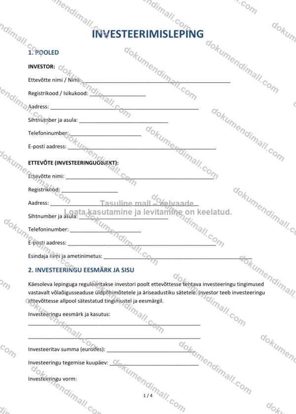 Investeerimisleping | Lepingumall – Allalaaditav Word & PDF