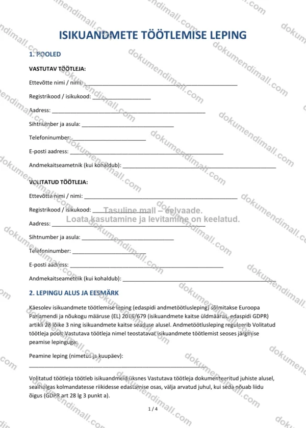 Isikuandmete Töötlemise Leping | Lepingumall – Allalaaditav Word & PDF