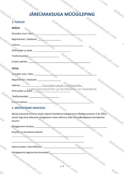 Järelmaksuga Müügileping | Lepingumall – Allalaaditav Word & PDF — dokumendimall DOCX-vormingus