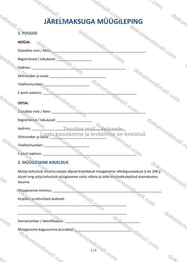 Järelmaksuga Müügileping | Lepingumall – Allalaaditav Word & PDF