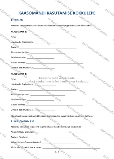 Kaasomandi Kasutamise Kokkulepe | Lepingumall – Allalaaditav Word & PDF — dokumendimall DOCX-vormingus
