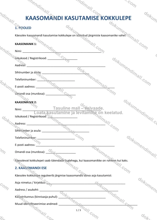 Kaasomandi Kasutamise Kokkulepe | Lepingumall – Allalaaditav Word & PDF