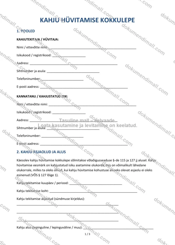 Kahju Hüvitamise Kokkulepe | Lepingumall – Allalaaditav Word & PDF