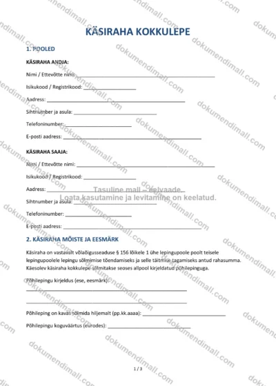 Käsiraha Kokkulepe | Lepingumall – Allalaaditav Word & PDF — dokumendimall DOCX-vormingus