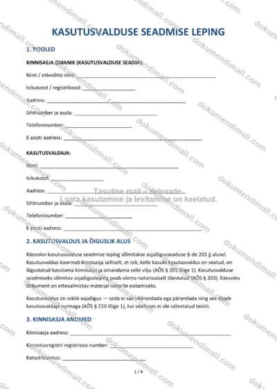 Kasutusvalduse Seadmise Leping | Lepingumall – Allalaaditav Word & PDF — dokumendimall DOCX-vormingus
