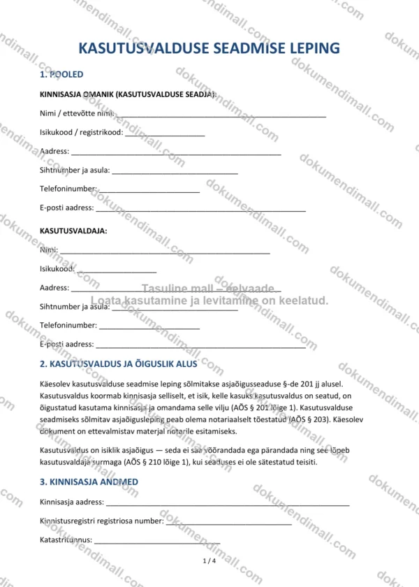 Kasutusvalduse Seadmise Leping | Lepingumall – Allalaaditav Word & PDF