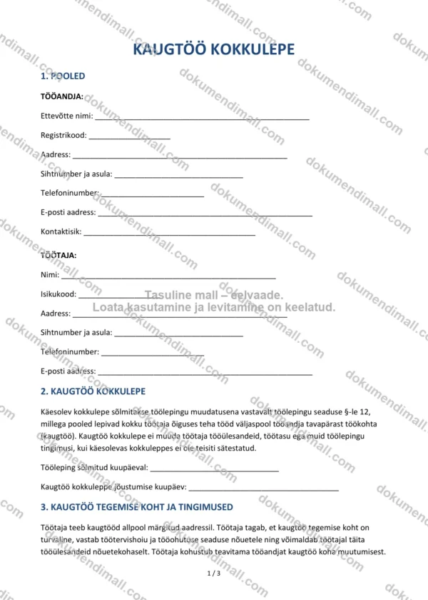 Kaugtöö Kokkulepe | Lepingumall – Allalaaditav Word & PDF