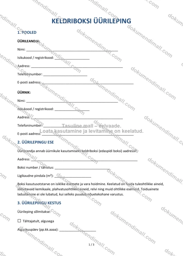 Keldriboksi Üürileping | Lepingumall – Allalaaditav Word & PDF