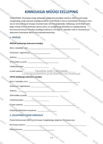 Kinnisasja Müügi Eelleping | Lepingumall – Allalaaditav Word & PDF — dokumendimall DOCX-vormingus