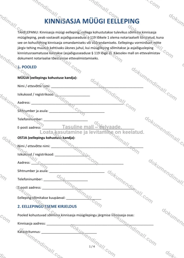 Kinnisasja Müügi Eelleping | Lepingumall – Allalaaditav Word & PDF