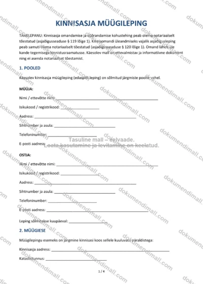 Kinnisasja Müügileping | Lepingumall – Allalaaditav Word & PDF — dokumendimall DOCX-vormingus