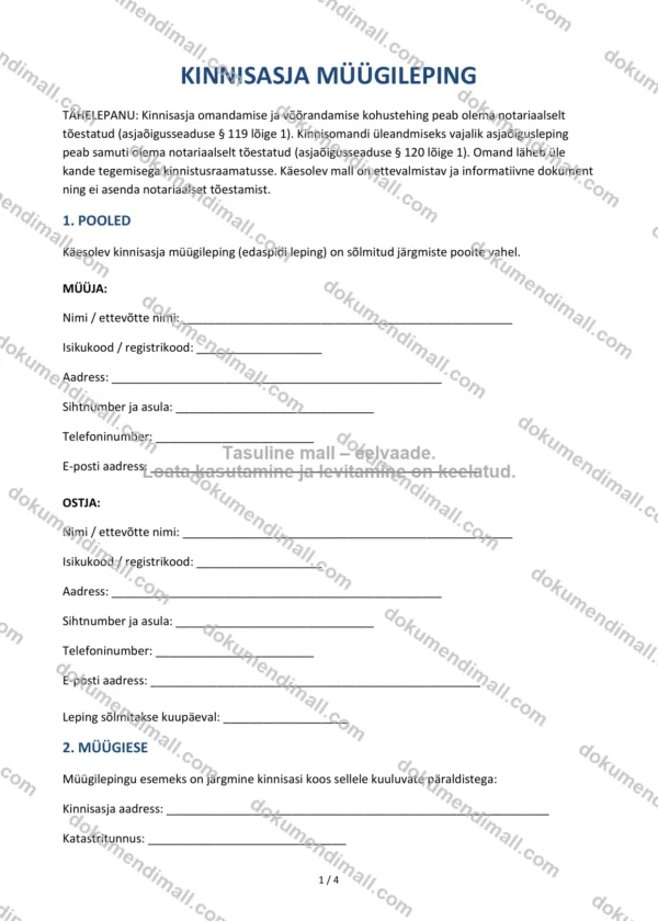 Kinnisasja Müügileping | Lepingumall – Allalaaditav Word & PDF