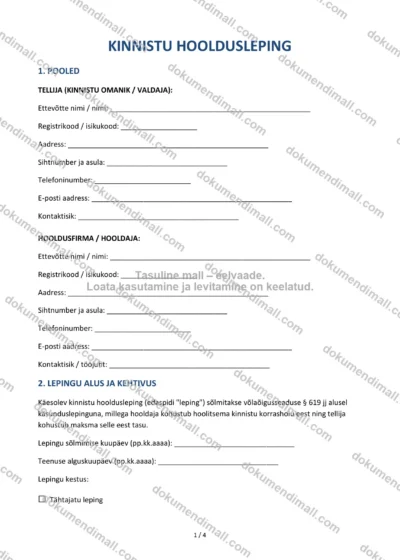 Kinnistu Hooldusleping | Lepingumall – Allalaaditav Word & PDF — dokumendimall DOCX-vormingus