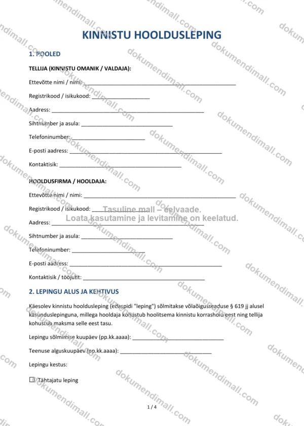 Kinnistu Hooldusleping | Lepingumall – Allalaaditav Word & PDF