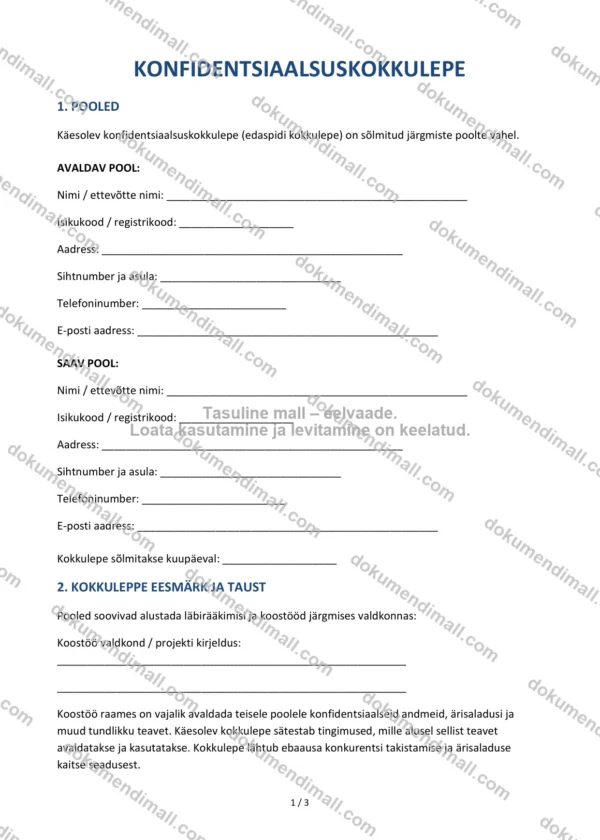 Konfidentsiaalsuskokkulepe | Lepingumall – Allalaaditav Word & PDF