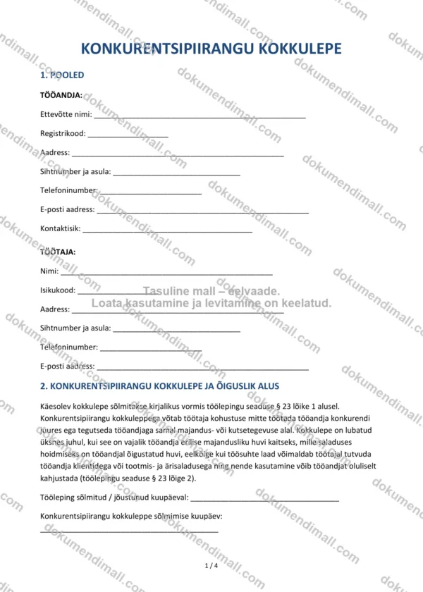 Konkurentsipiirangu Kokkulepe | Lepingumall – Allalaaditav Word & PDF
