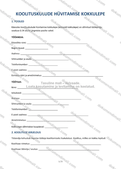 Koolituskulude Hüvitamise Kokkulepe | Lepingumall – Allalaaditav Word & PDF — dokumendimall DOCX-vormingus
