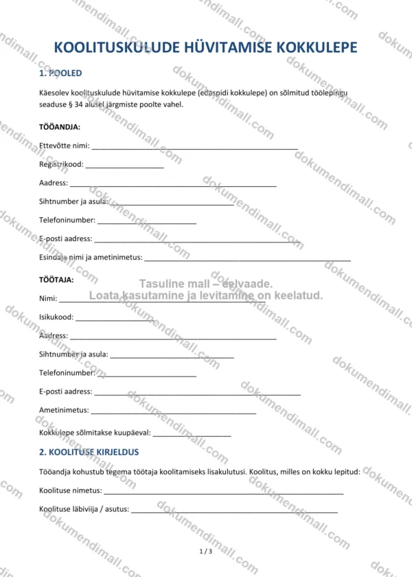 Koolituskulude Hüvitamise Kokkulepe | Lepingumall – Allalaaditav Word & PDF