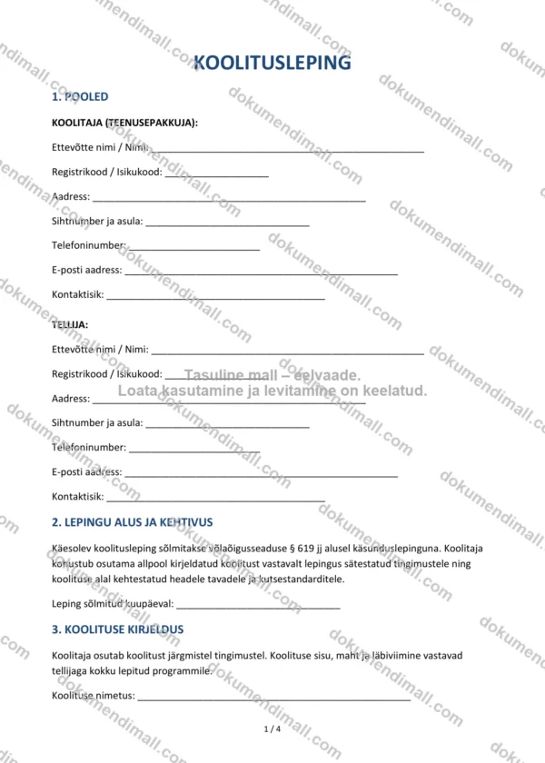 Koolitusleping | Lepingumall – Allalaaditav Word & PDF