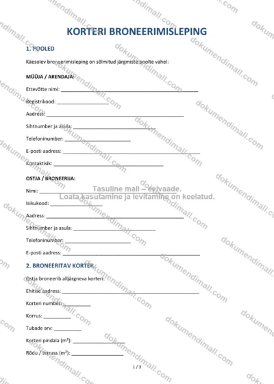 Korteri Broneerimisleping | Lepingumall – Allalaaditav Word & PDF — dokumendimall DOCX-vormingus