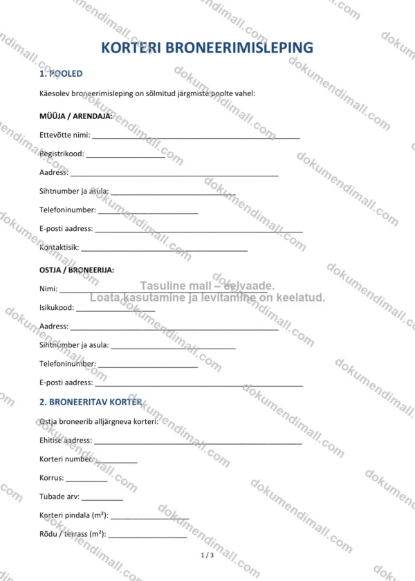 Korteri Broneerimisleping | Lepingumall – Allalaaditav Word & PDF
