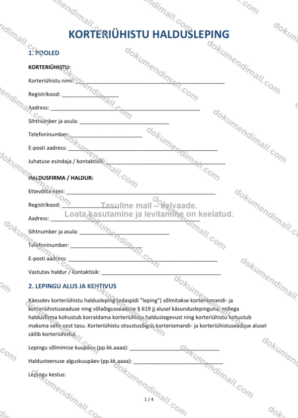 Korteriühistu Haldusleping | Lepingumall – Allalaaditav Word & PDF
