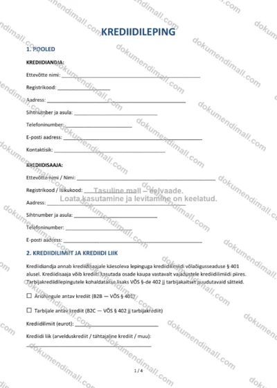 Krediidileping | Lepingumall – Allalaaditav Word & PDF — dokumendimall DOCX-vormingus