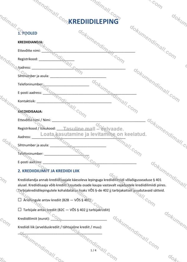 Krediidileping | Lepingumall – Allalaaditav Word & PDF