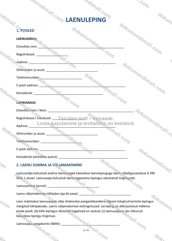 Laenuleping | Lepingumall – Allalaaditav Word & PDF