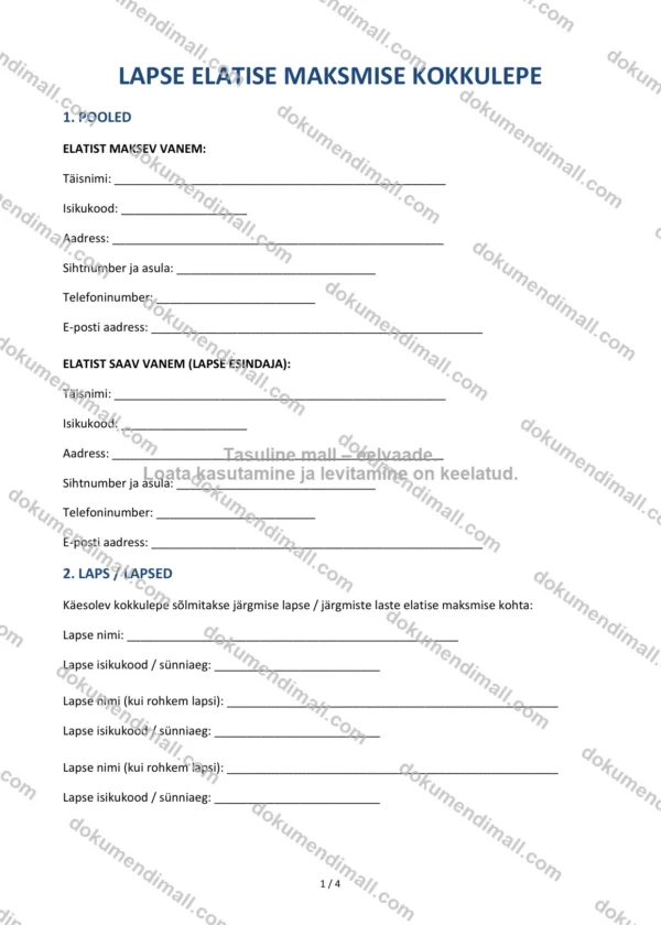 Lapse Elatise Maksmise Kokkulepe | Lepingumall – Allalaaditav Word & PDF