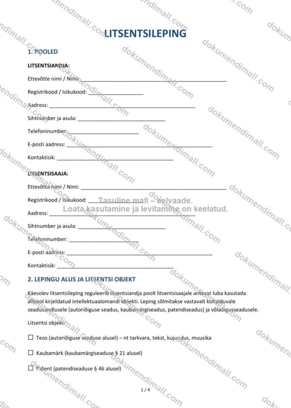 Litsentsileping | Lepingumall – Allalaaditav Word & PDF