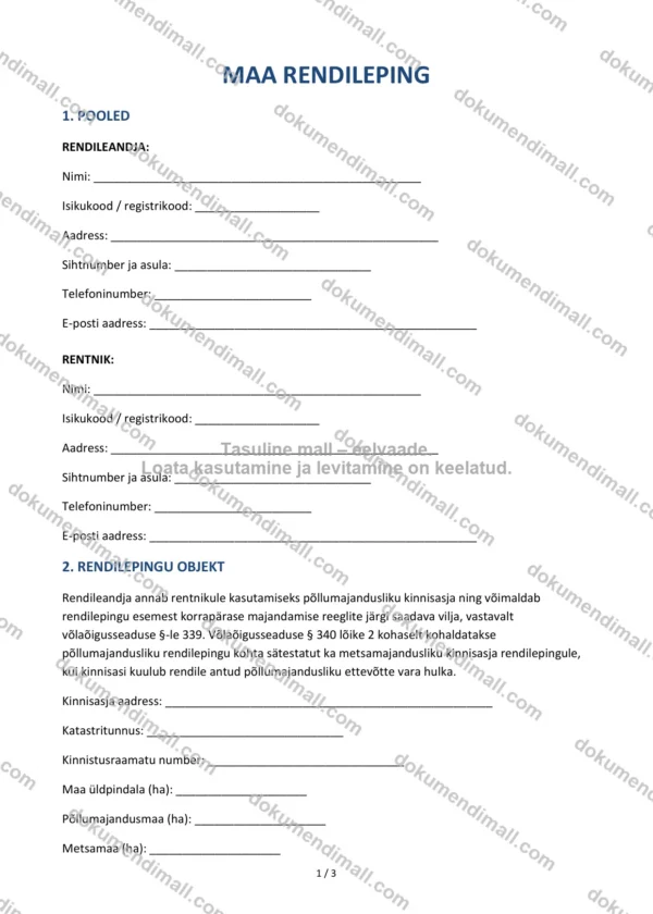 Maa Rendileping | Lepingumall – Allalaaditav Word & PDF