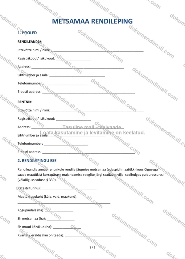 Metsamaa Rendileping | Lepingumall – Allalaaditav Word & PDF